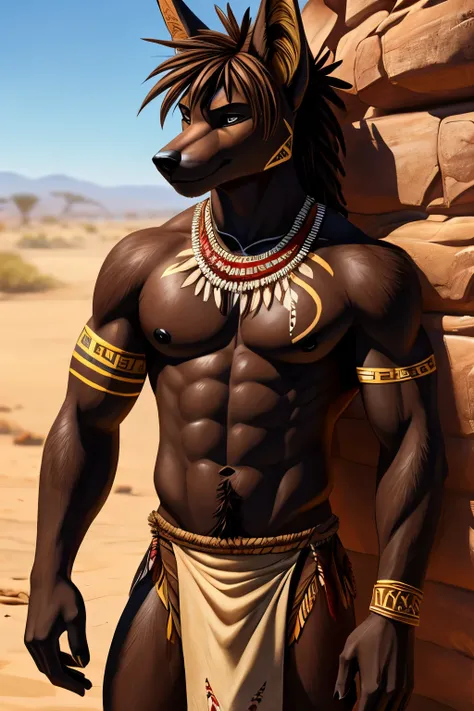 Athletic lean golden jackal, femboy, with black nipples, dark brown body, brown_fur, African, handsome, topless, tattoos, loincloth, tribal, fanart, zulu, messy hair, smooth skin, dirty 