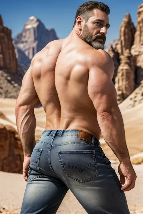 mature man, very handsome, best quality, adventurer, gray jeans, hairy chest , masterpiece, super high resolution, detailed back...