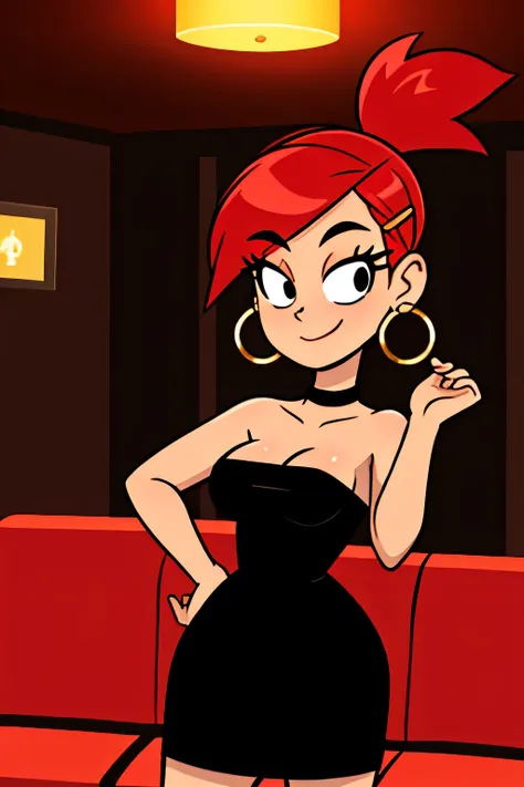 frankie foster, fostersstyle, (black pupils), red hair, strapless, black eyes, black dress, gold hoop earrings, sexy posing, han...