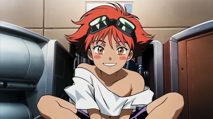 Edward, midriff, orange hair, blush stickers, (tanned skin) (white loose shirt), off shoulder, bike shorts, brown eyes, goggles on head, smile, space station, engine room, sitting on floor, arms around legs, bare feet, full body, looking at viewer (insanel...