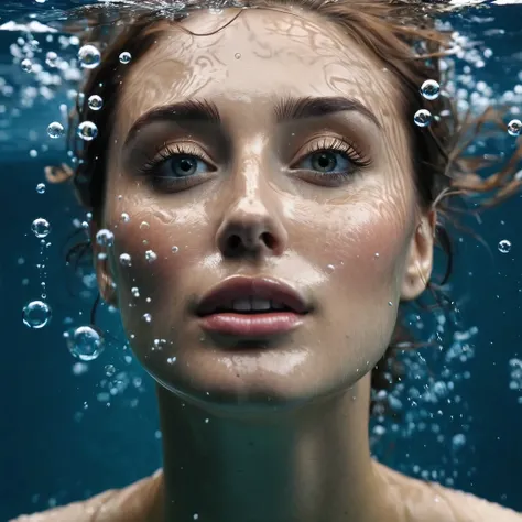 best quality, ultra realistic, close-up shot of womans face, falling underwater and floating air bubbles, 