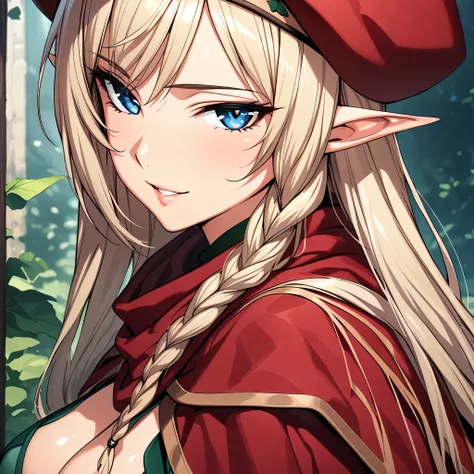 (masterpiece),(best quality),(ultra-detailed),(best illustration),(best shadow),(absurdres),(detailed background),(very aesthetic), alleyne, 1girl, elf, solo, pointy ears, blue eyes, hat, beret, braid, blonde hair, breasts, long hair, side braid, cape, loo...