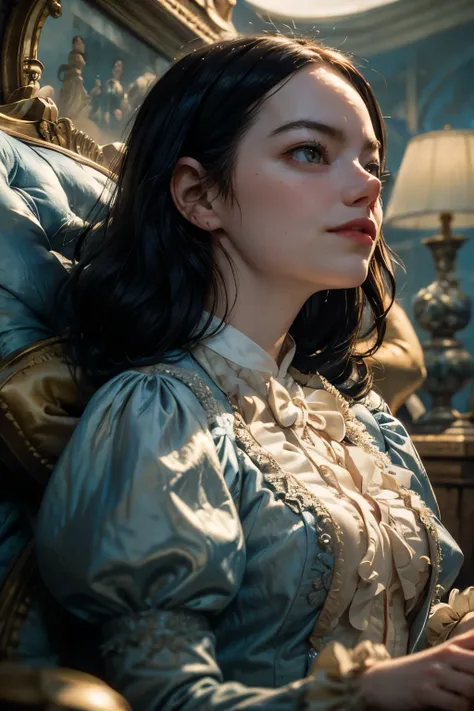 masterpiece, best quality, movie still, 1girl, emst, emma stone, black hair, victorian blue dress, floating in the sky, (close-u...