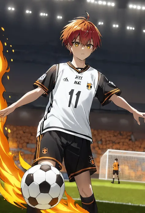 Teenage boy, Light skin, Football Player Clothing, Red hair with orange tips, long hair size and bright fire eyes