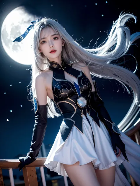 1girl, solo, long hair, breasts, looking at viewer, bangs, hair ornament, red eyes, gloves, dress, hair between eyes, bare shoulders, closed mouth, white hair, grey hair, sky, black gloves, night, moon, night sky, full moon,jingliu