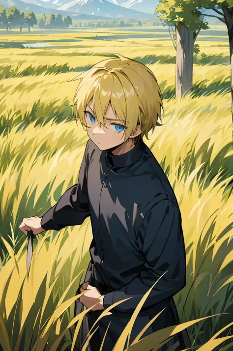 young adult, male blonde hair, blue eyes, black clothing, knight, grasslands