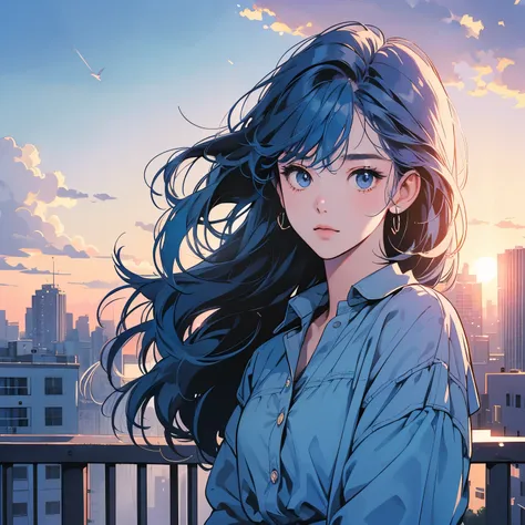 Upper Body、One beautiful woman、4K、Blue Shirt、Veranda of the apartment complex、Clouds in the sky、Urban cityscape、Complex background、Detailed Hair、Blue Hair、Faint lighting、The wind is blowing、(sunset)、(Backlight)、Strong gaze