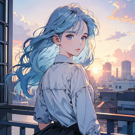 Upper Body、One beautiful woman、4K、Blue Shirt、skirt、Veranda of the apartment complex、Clouds in the sky、Urban cityscape、Complex background、Detailed Hair、Light blue hair、Faint lighting、The wind is blowing、(sunset)、(Backlight)、Strong gaze