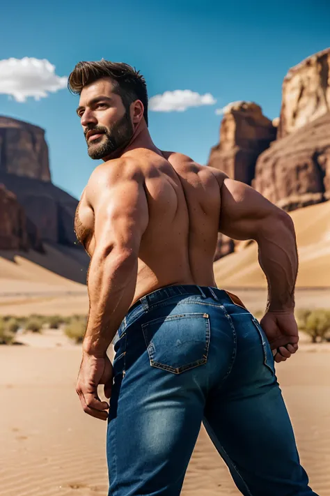 Mature man, very handsome, best quality, adventurer,  kaki jeans, hairy chest , masterpiece, super high resolution, detailed background, reality, , single, 1 boy, muscle man, beard, desert, desert, mountain, muscle, facial hair, volumetric lighting, depth ...