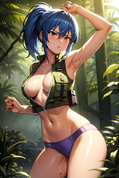 masterpiece, best quality, anime 1990s (style, leona heidern, sexy, naked , underwear ,open vest., jungle, tactical, pony tail, serious, cammo, army, soldier, blue hair, warfare, war, wet.