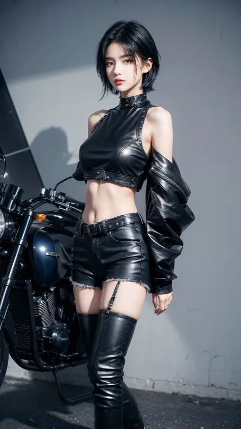 best quality, 1 Girl, dark blue hair, black eyes, Very short hair, Spiky hair, Crop Top Drape, high waist short,Wearing long black boots)、171 cm, Messy hair, Hair between the eyes, Medium breasts, full, Tomboy, aldult, 20 years old, 1 Girl near red motorcy...