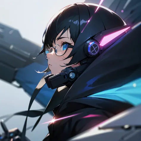 1girl, cyber outfit, anime, cybernetic, short black hair, glasses, , black hoodie, skirt, cyber mask, blue eyes, anime, cinematic shot, face close up, blur background, side profile