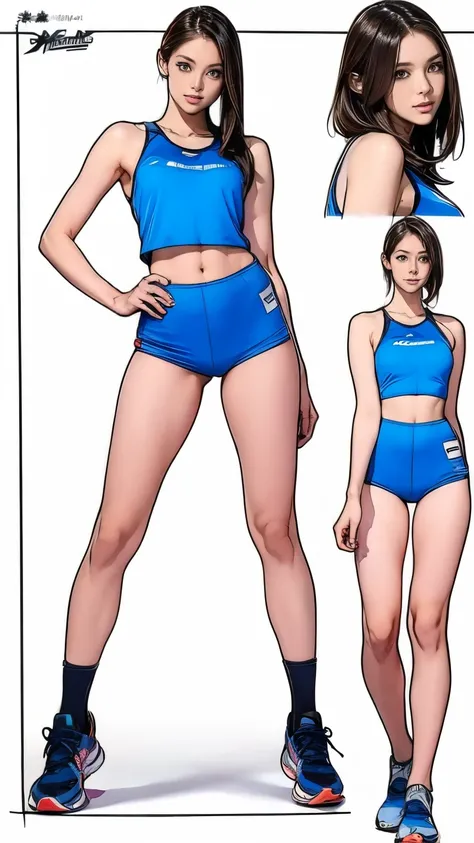 ((masterpiece)),(((best quality))),((Character Design Sheet)),Thin thighs,Long legs,No big deal ,Wearing marathon clothes and shoes