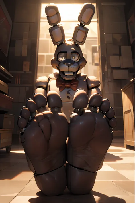 a bonnie the rabbit animatronic from five nights at freddy's, ((realistic soles feet facing the viewer)), ((5 toes)), extremely ...