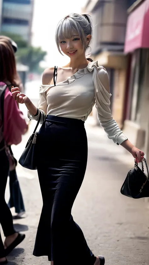 (Woman walking in the city:1.3、smile、The background is a street corner:1.5)、(Realistic、Like a photograph、Live Action、8k, Realistic, RAW Photos, Best image quality: 1.4), Single-lens reflex camera、RAW Photos, highest quality, Realistic, Very detailed CG Uni...