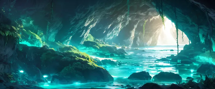 scenery, wallpaper, sea, cave, beach in cave, vines grow in the cave, noon, bright, transparent, clear color, aqua color, beam of light