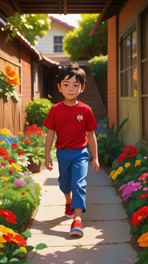 realistic portrait of a seven-year-old boy, he wears a red shirt , short blue pants . his face is childish and exploratory . wal...