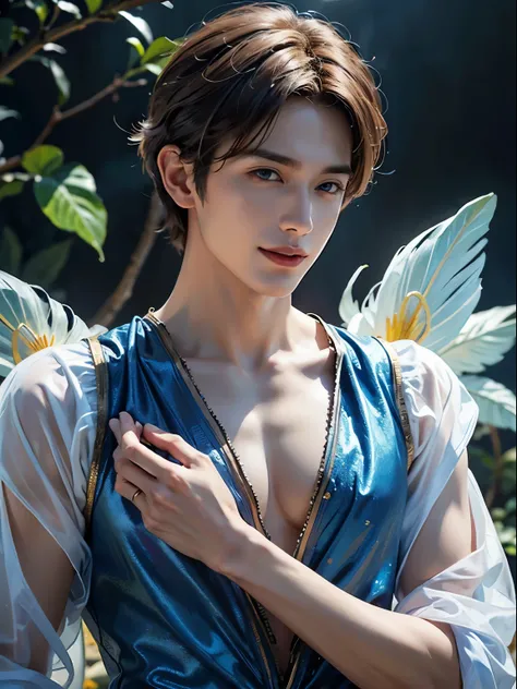 Handsome 22 year old male. Short golden hair. The style of the film is fantasy and realistic. The goal was to create a realistic and beautiful image that makes the viewer happy, as if they are in love with the expressions on the mens faces. The men have ha...