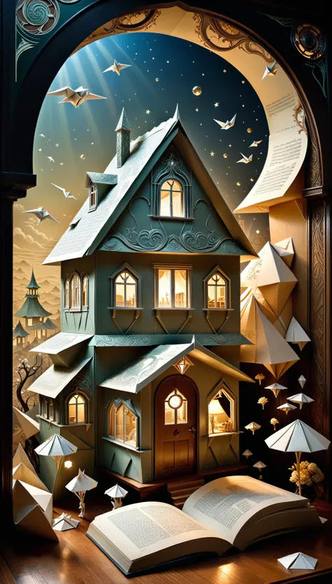 (in style of Karol Bak:1.1),in style of Daniel Merriam,
(the art of origami:1.2),a book,origami into a house,a house made entirely of folded pages,surrealist scenography,fantasy concept scene,
huge filesize,optical illusion,((art nouveau)),Cinematic Lighti...