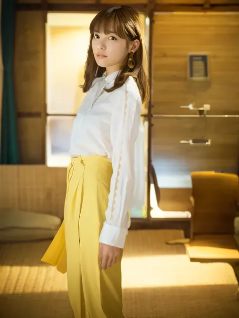 An Arafe woman wearing a white shirt and yellow pants is posing for a photo, by Yasutomo Oka, mid shot portrait, cute:2, yellow details, kiko mizuhara, by Nishida Shunei, Chie Yoshii&#39;s style, inspired by Miwa Komatsu, wearing elegant clothes, yellow cl...