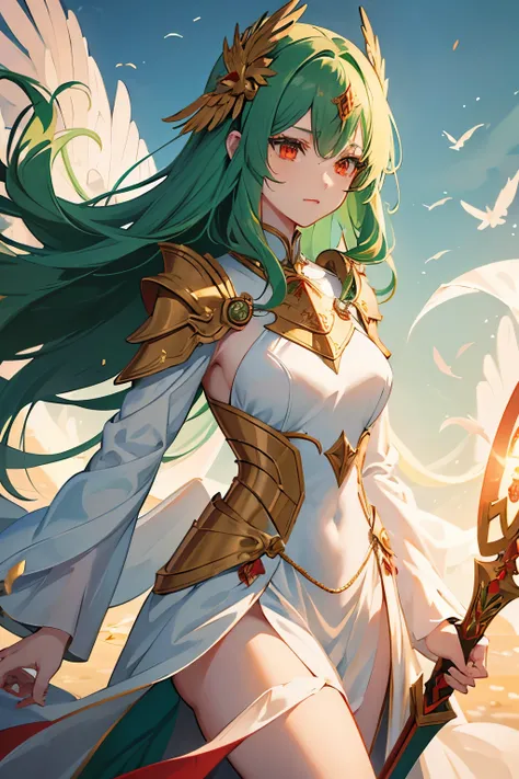 Woman, long green hair, red eyes, two small wings adorning her head, white full armor, heavy armor covering her entire body cataphracts style, red cape, fearlessness, holding a shining spear, legendary character, natural lipstick.