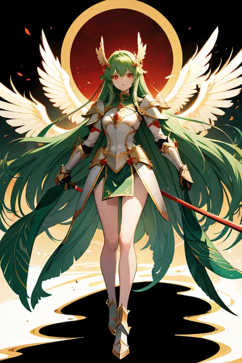 anime game style, no glowing eyes, full body of a woman, long green hair, red eyes, two small wings adorning the head, white full armor, heavy armor covering the entire body cataphract style, red cape, fearlessness, holding a spear Bright, natural lipstick...