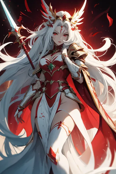 Anime Style, No Glowing Eyes:
The Full-Body Woman, with long luscious green hair cascading down her back, and captivating red eyes that hold an undeniable allure, features two tiny wings delicately adorning her head. Clad in a pristine white full armor, re...