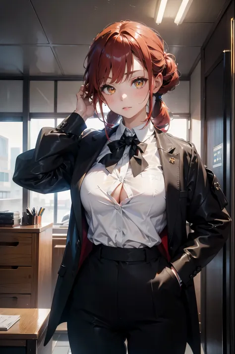 masterpiece,best quality,Extreme details,8K,Horse Herding 2,1 Girl,Solitary,Red hair,Yellow eyes,eye socket,braided ponytails,With Jacket: Topless, Huge breasts, ,Long sleeve,Jacket,White shirt,tie,Collared shirt,Pants,black Jacket,black Pants,formal,Set,b...