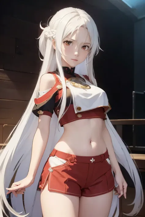 masterpiece,best quality,highres,illustration,hyper detailed,8k cg wallpaper,ray tracing,((white hair:1.2)),((long hair:1.2)),((red eyes:1.2)),((straight hair:1.3)),medium breasts,(hiten1:0.8),dolphin shorts,((crop top:1.1)),midriff,solo,((cowboy shot:1.1)...