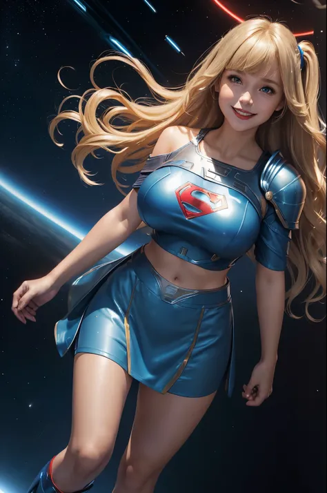 Supergirl, 27 years old, full body view Beautiful woman (((shoulder length wavy blonde hair, two side up with bangs))) defined body, Red lipstick, smiling, hands free, standing facing camera, (( short sleeve, two piece knee length sparkling blue futuristic...