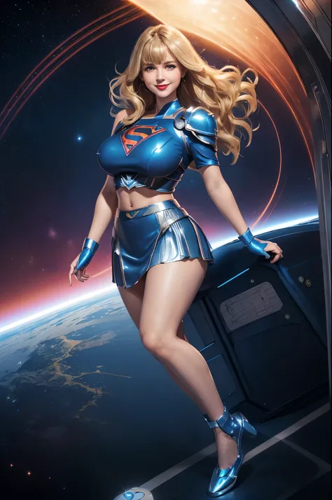 Supergirl, 27 years old, full body view Beautiful woman (((shoulder length wavy blonde hair, two side up with bangs))) defined body, Red lipstick, smiling, hands free, standing facing camera, (( short sleeve, two piece knee length sparkling blue futuristic...