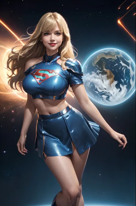 Supergirl, 27 years old, full body view Beautiful woman (((shoulder length wavy blonde hair, two side up with bangs))) defined body, Red lipstick, smiling, hands free, standing facing camera, (( short sleeve, two piece knee length sparkling blue futuristic...