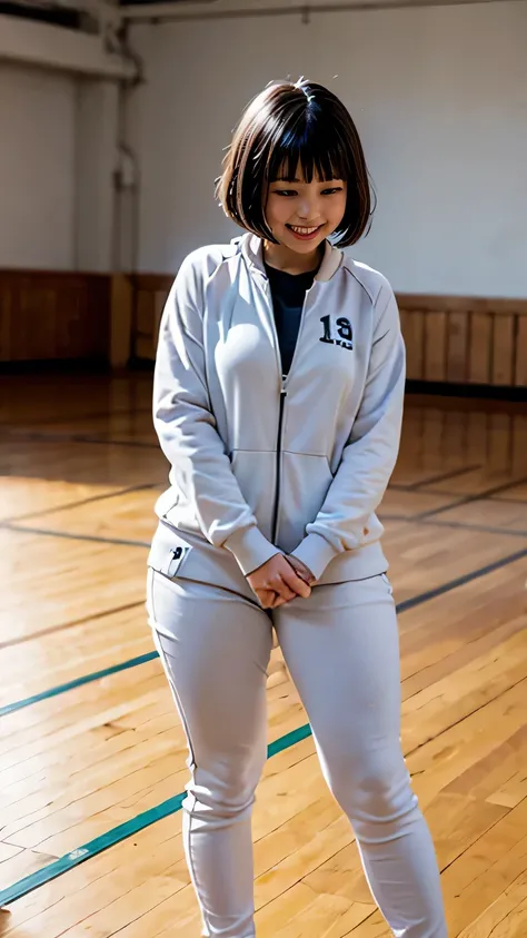 masterpiece, highest quality, 8K, Young beautiful girl, (medium breasts), white track suit, (((thick thighs))), black bob cut, Cute face, looking away,  cute smile face、No makeup, Ten generations, Detailed face, Background bokeh、((18 years old))、full body,...