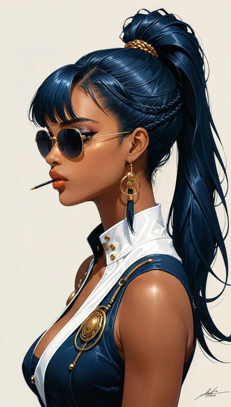 (in style of Karol Bak:1.1),in style of Daniel Merriam,
1girl,long dark blue hair,high ponytail,air bangs,white wrap vest,black sunglasses between the breasts,1990s (style),sketch with thick lines,portrait in profile,dark skin,the head rope is on the mouth...