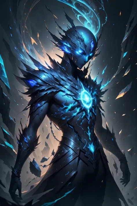 Description (alt text)
An abstract digital artwork depicting a humanoid figure with a glowing blue, faceless head adorned with crackling energy. The figure wears a high-collared, futuristic garment. Surrounding the head are fragmented crystalline shapes an...