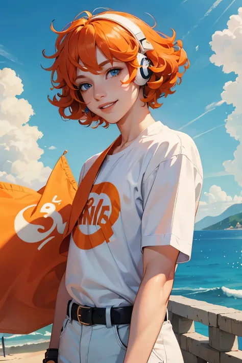 Orange banner curly hair blue eyes smiling white snake male headphones white shirt light blue sky short hair tear mole bangs broken hair clear