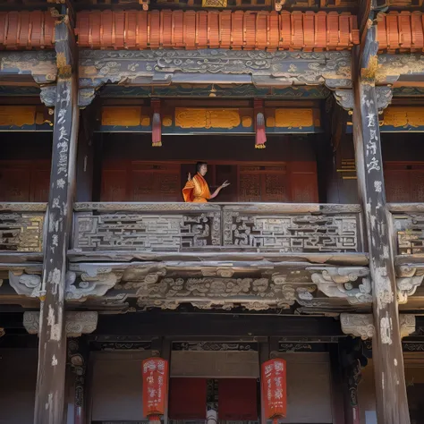 A man is on the balcony of a building, Delicate carved wood balcony, ancient Chinese Architecture, in balcony of palace, Chinese Architecture, Taoist temple and monks, palace ， Girl wearing Hanfu, tang dynasty palace, Taoist Palace View in Huangshan, In fr...