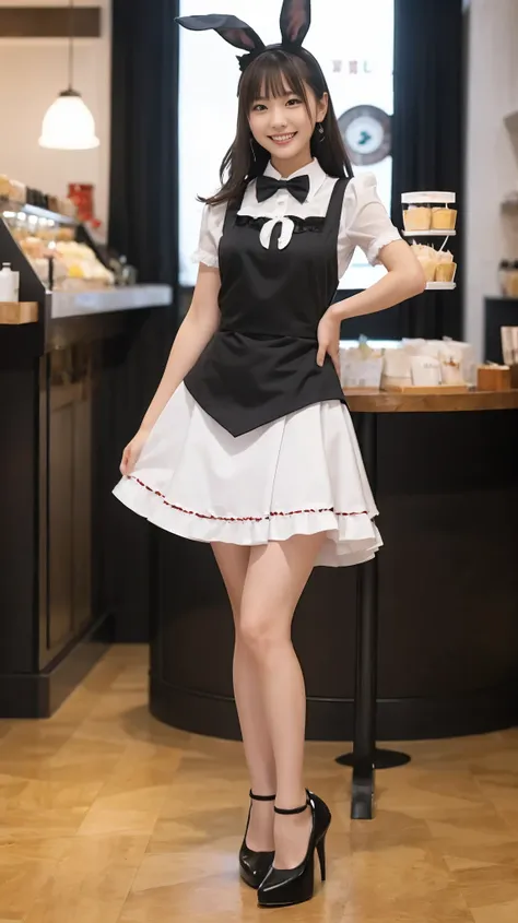 a bunny girl in a red maid outfit working at a maid cafe:1.5，the best smile:1.5，full body shot:1.5，gray background:1.5，wearing b...