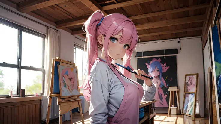 anime woman, as artist wear sweeter, pink hair in room full with paint, working on painting. she is painting a painting. clear face, perfect proportion, perfect anatomy, perfect hand, mid shot