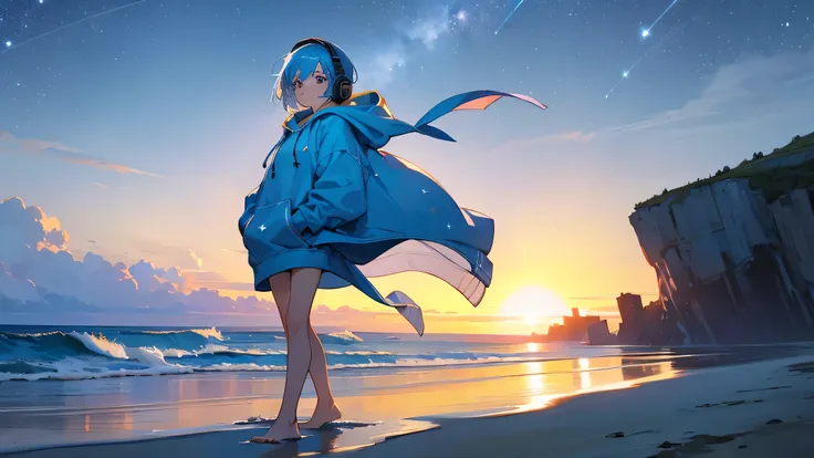 A starry sky, Clear sea, A girl with short blue hair walking barefoot on the sandy beach, headphones around neck, wearing a hoodie with a large hood