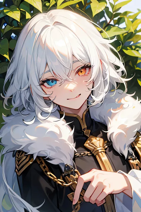 White hair chain heterochromia bush boy slightly curly middle parted eyes squinting tongue out