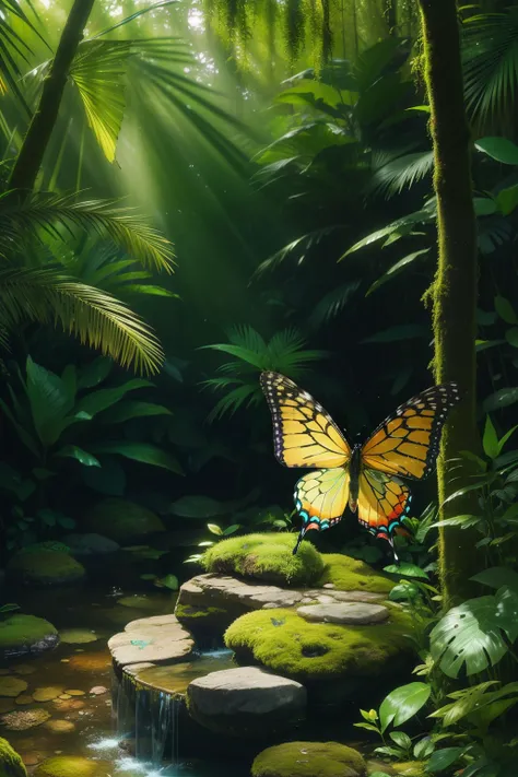 A vibrant and captivating tropical butterfly gracefully sips droplets from a moss-covered stone, surrounded by a muted forest backdrop. Sunlight dances across the delicate wings, creating a mesmerizing interplay of shadows and light. The lush greenery of t...