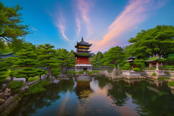 Arav landscape with pagoda and pond in the park, Ancient Chinese Tower, ancient Chinese Architecture, Chinese scenery, Chinese Palace, Kyoto Inspired, pagoda with a lot of wind chimes, Chinese temple, Hangzhou, Japanese Landscape, Chinese Architecture, lus...