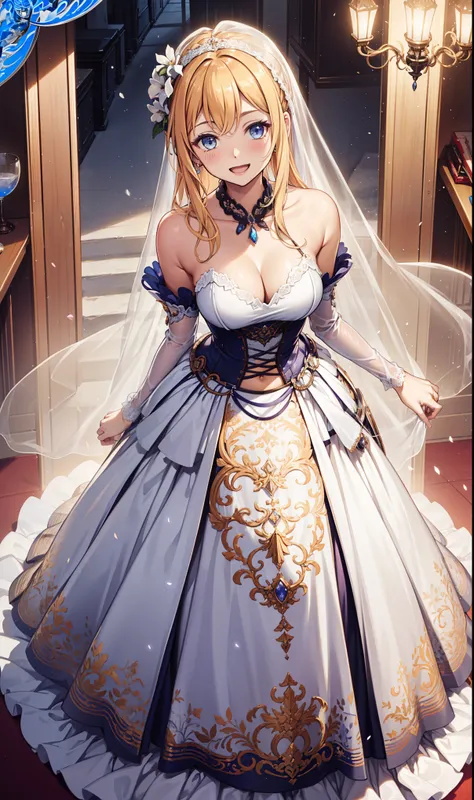 Top quality，Maximum resolution，20-year-old young woman，Obsessed，having fun，in love，Light white wedding dress，Lilac cloth，See through transparent clothes，Dress nicely，A little lace，The only one，Blonde，Light blue eyes，night，Banquet hall,charm，Super Detail