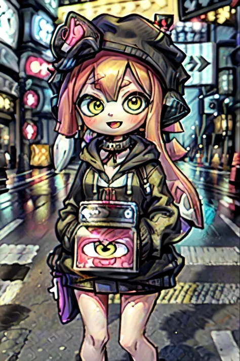 masterpiece, splatoon girl、eyeliner, lipstick, wearing a black hoodie, big breasts、cleavage、in shibuya, at a pedestrian crossing...