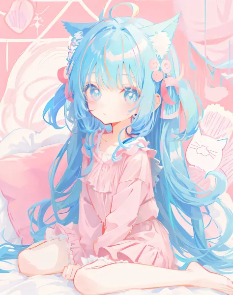 anime girl with blue hair and cat ears sitting on a bed, cute anime catgirl, Cute anime girl, anime girl with cat ears, anime moe art style, Very beautiful anime cat girl, pretty anime girl, beautiful anime catgirl, Soft anime illustration, cute kawaii gir...