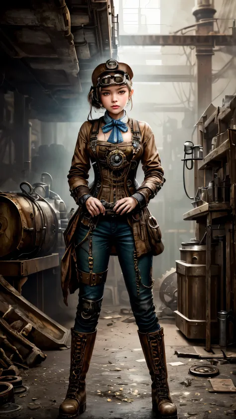 (best quality, 4k, masterpiece :1.3), 1girl, (steampunk), scenery, steampunk room engine, repairing engine, gears, cogs, steam, ...