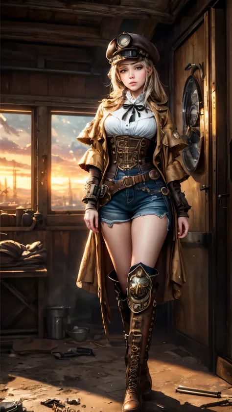 (best quality, 4k, masterpiece :1.3), 1girl, (steampunk), scenery, steampunk room engine, repairing engine, gears, cogs, steam, ...