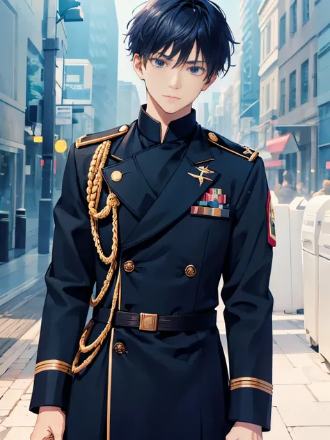 1Male,half body photo,dark blue hair, black eyes, army uniform,ultra detail, ultra hd, masterpiece, 4k