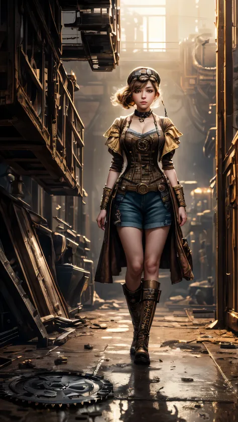 (Best quality, 4k, Masterpiece :1.3), 1girl, (steampunk), scenery, steampunk room engine, repairing engine, gears, cogs, steam, boots, overalls, goggles, dirty face, standing, machinery, oil on floor, dirty floor, character focus, (golden hour lighting), r...